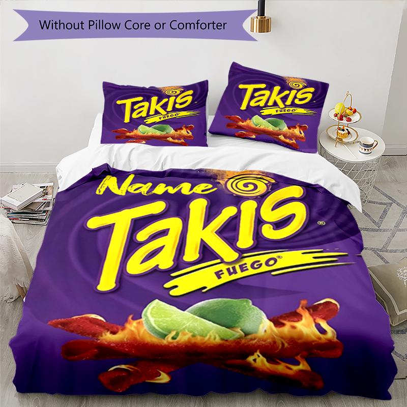 3pcs Custom Name Takis Fuego Bedding Set Duvet Cover Closure Includes 1 Duvet Cover & 2 Pillowcases, Soft and Comfortable for All Seasons.