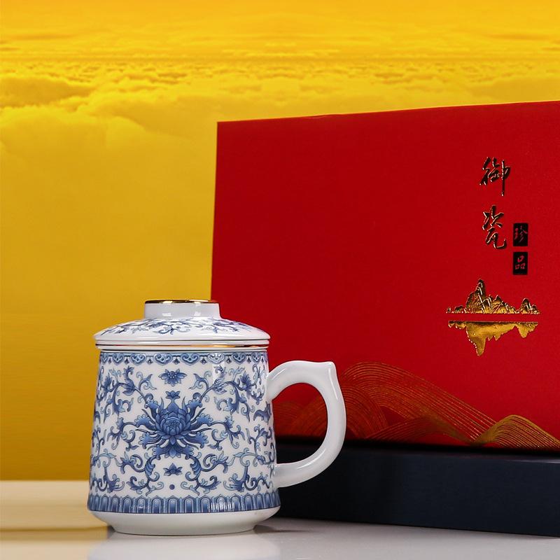 Enamel color blue and white office cup with lid filter tea separation tea office cup exquisite gift box customer gift