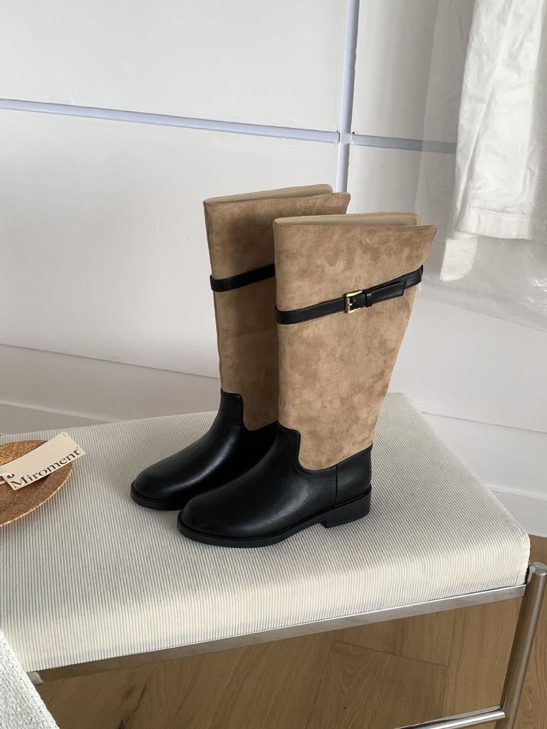 British style belt buckle knight boots women's autumn and winter new color matching boots thick heel high boots