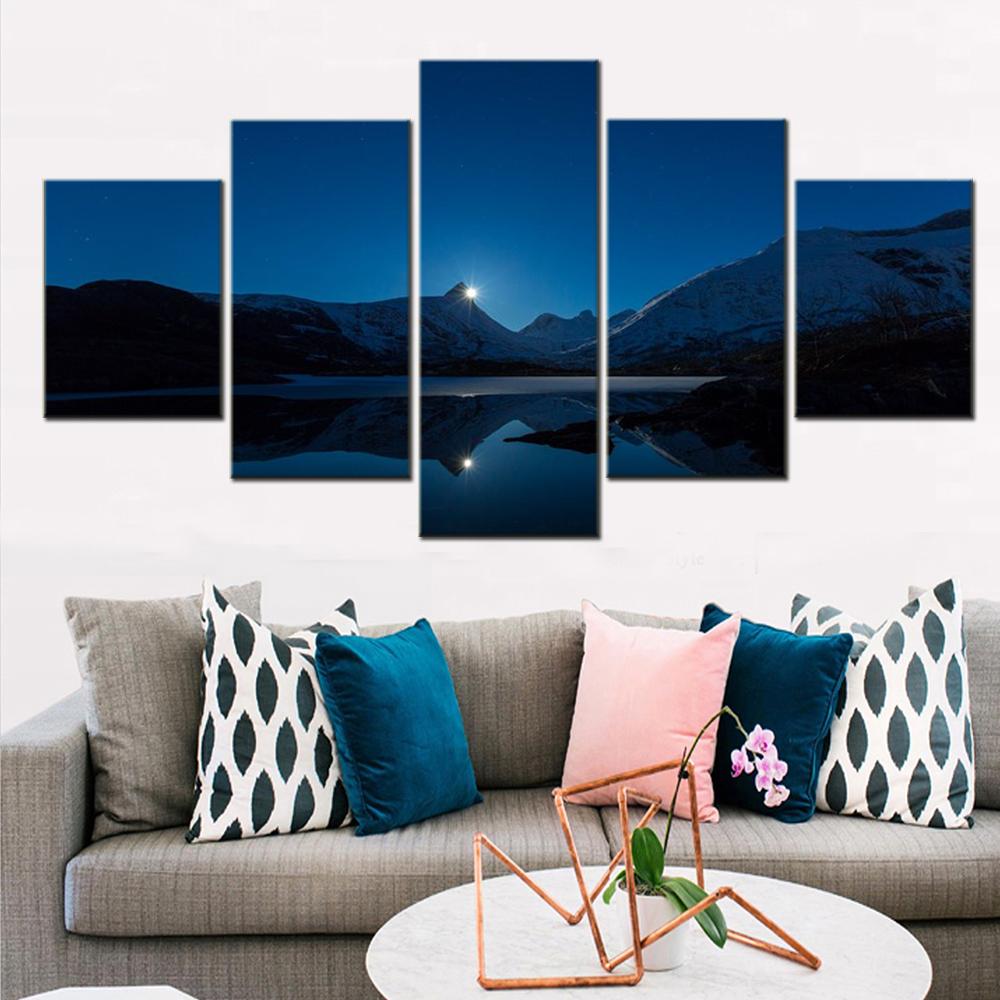 5 Pieces Wall Arts Canvas Painting Calm Waters Landscape Night Mountains Modular Poster Picture Print Home Decor Living Room
