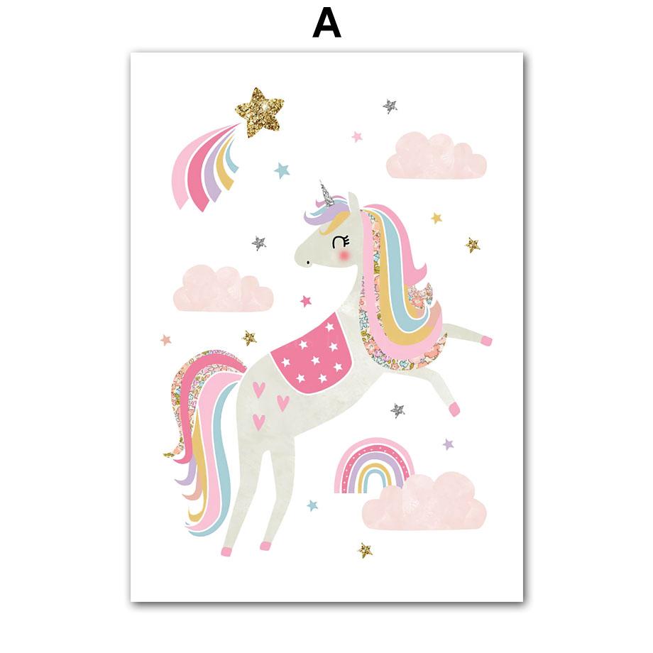 Pink Unicorn Rabbit Rainbow Cloud Flower Nursery Wall Art Canvas Painting Posters And Prints Wall Pictures Baby Kids Room Decor