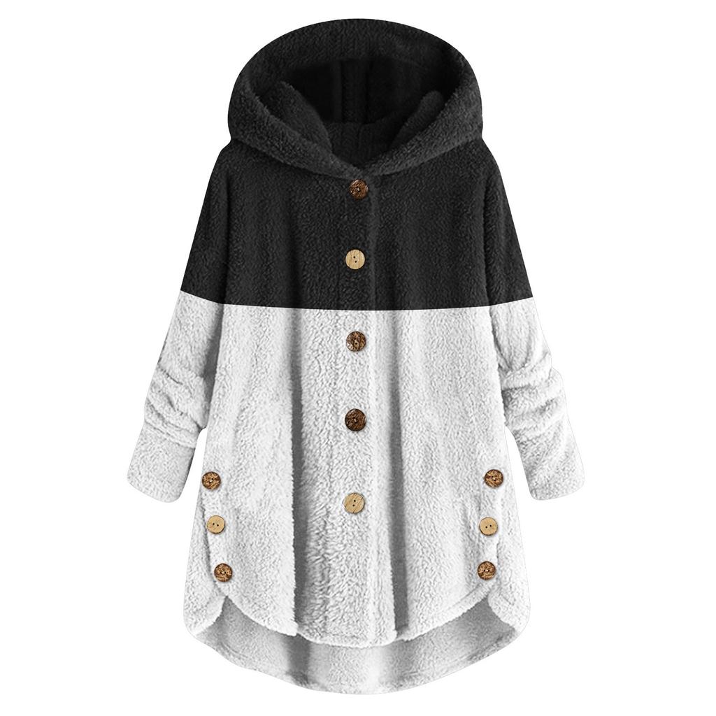 Women's Fashion Stitching Loose Hoodies Long Sleeve Plush Button Coat