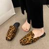Fashion Leopard Women Mules Shoes Slippers Flats Suede Summer Square Toe Designer Outdoor Slingback Sandals Zapatos Mujer Slides