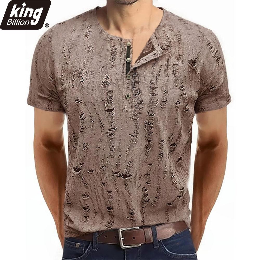 Мужская футболка с коротким рукавом, рваная, ретро, мужская мода, рубашка-henley, мужские повседневные модные топы, приталенный крой