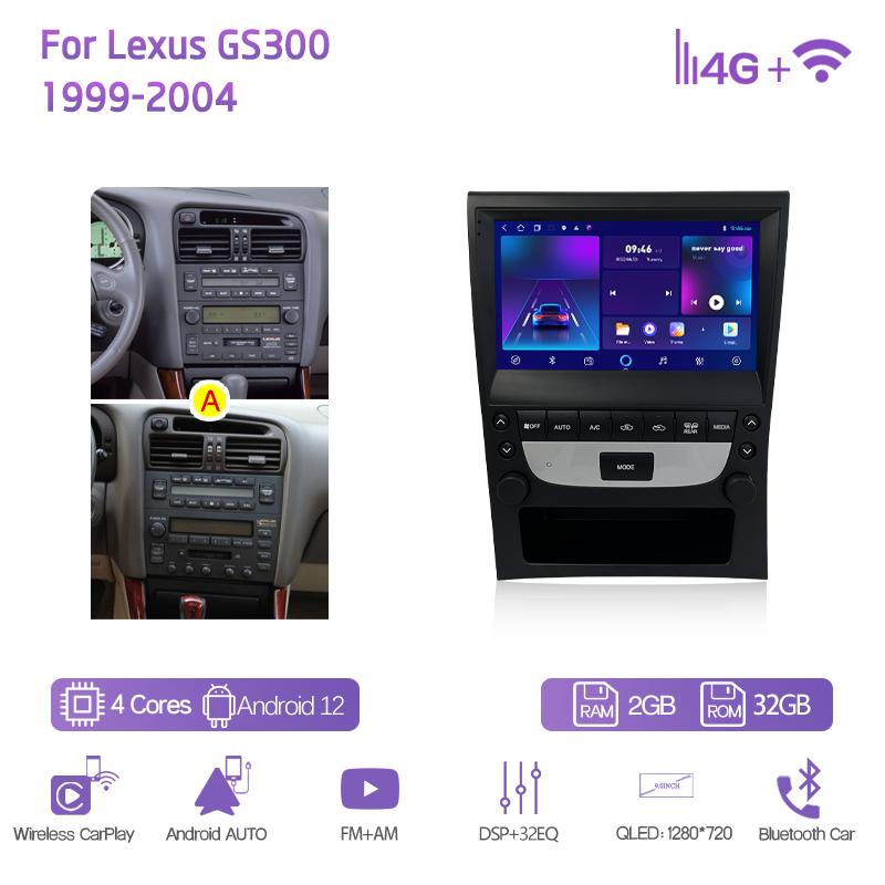 9,0 дюймов Для Lexus GS300 1999-2004 GPS Навигация Радио Android12 8+128 ГБ 8 ядер CarPlay 4G Камера 360 Автомобильный мультимедийный видеоплеер