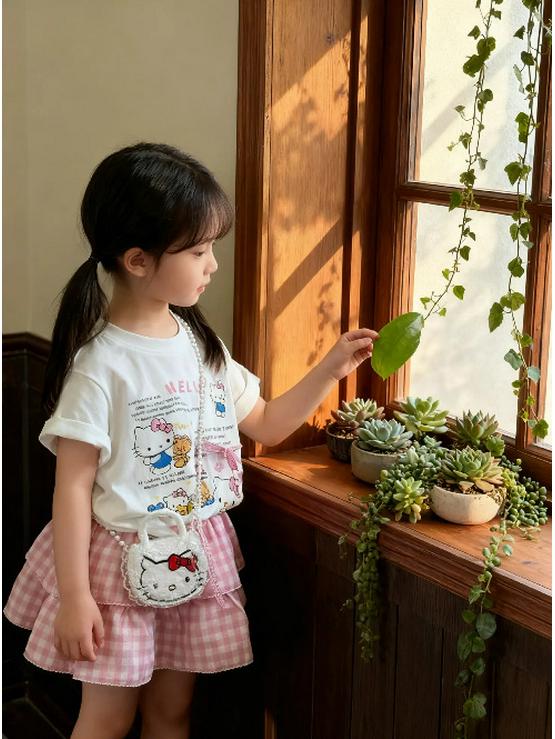 Корейский летний милый набор с принтом кошки, клетчатая короткая юбка и топ с коротким рукавом, 2025