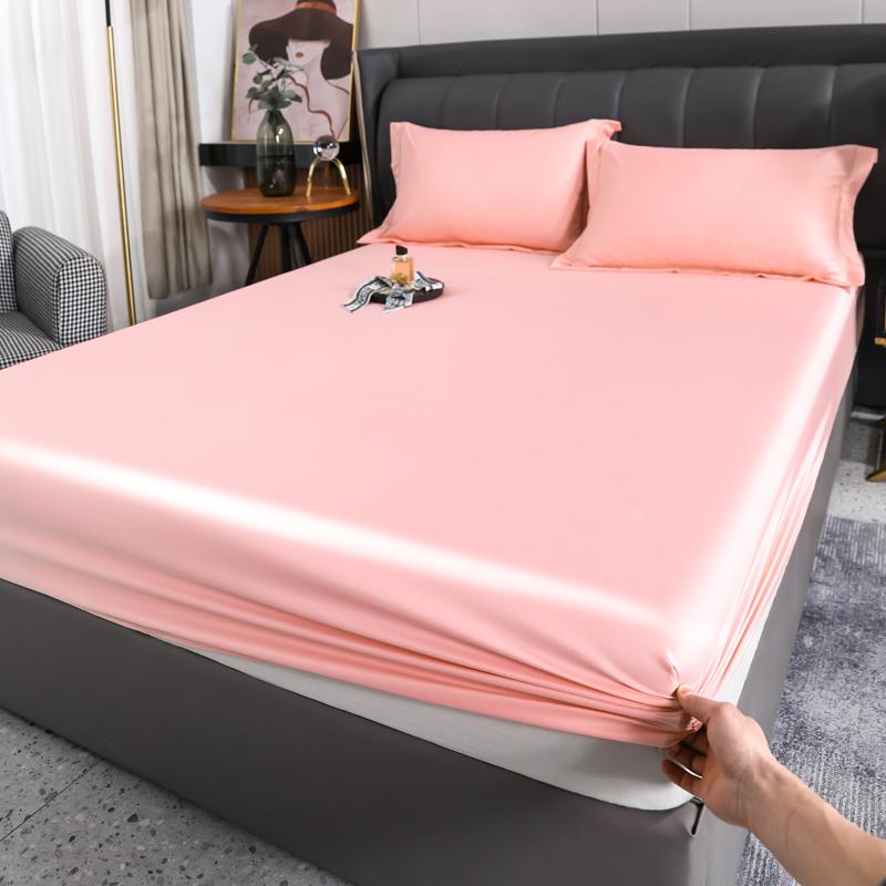 Simple Grey Fitted Sheet Set Solid Color Ice Silk Bedspread with Pillowcases Luxury Smooth Soft Fitted Sheet with Elastic Band