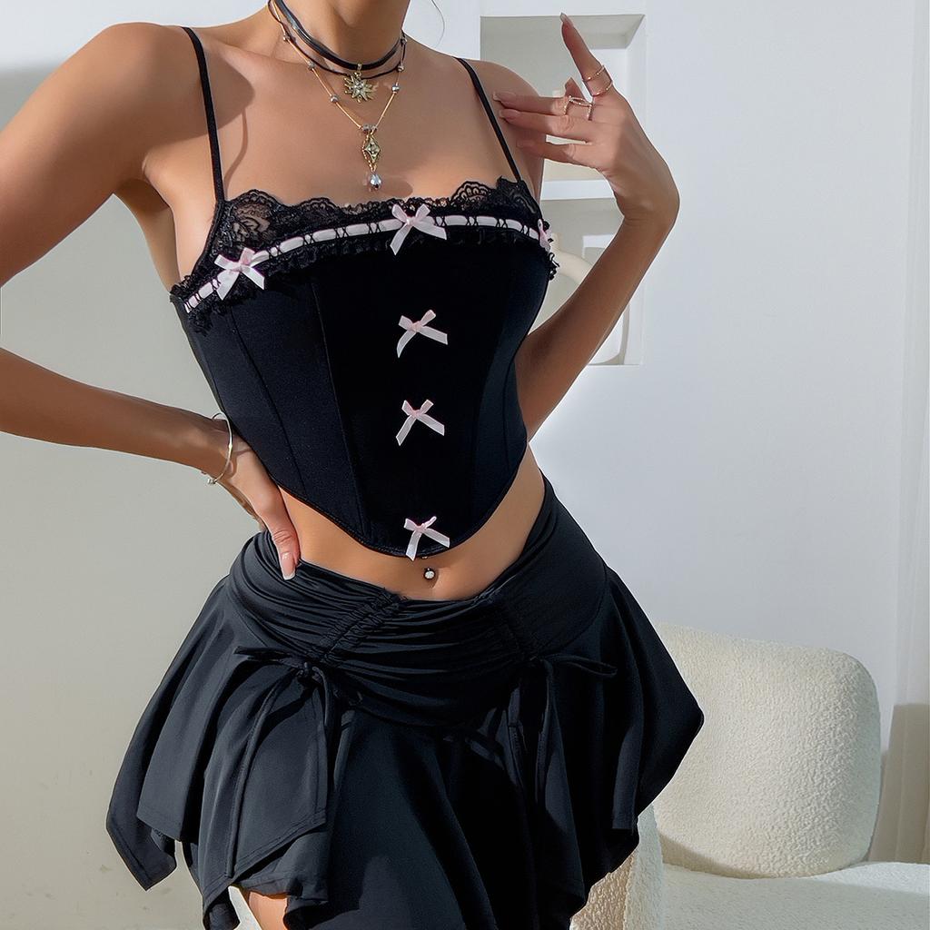 Women's Sexy Hottie Fashion Lace Bowknot Low Cut Camisole Fishbone Tank Top