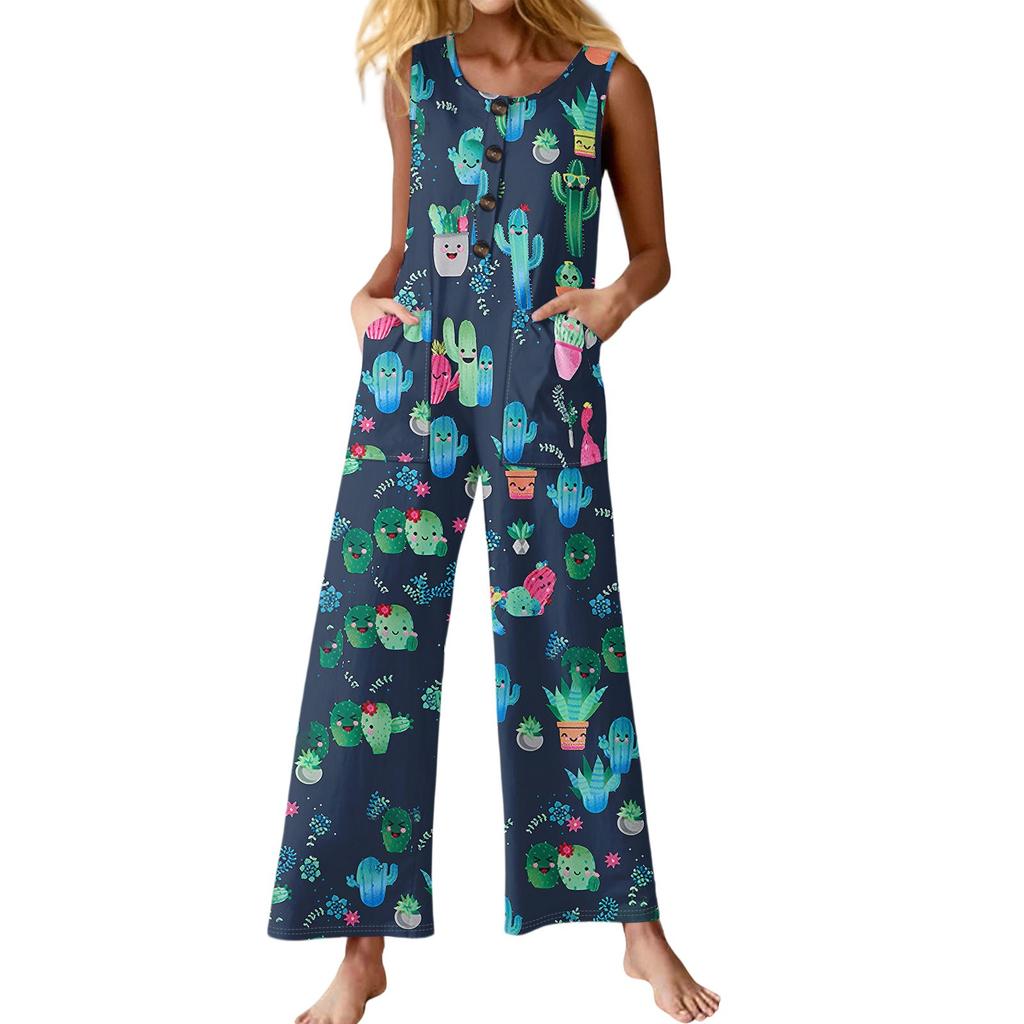 Women's Fashion Casual Button Sleeveless Jumpsuit Floral Flower Print Cotton Pocket Jumpsuit