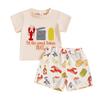 Kids Summer Outfit, Short Sleeve Crew Neck Embroidery T-shirt with Lobster Print Shorts Clothing Set