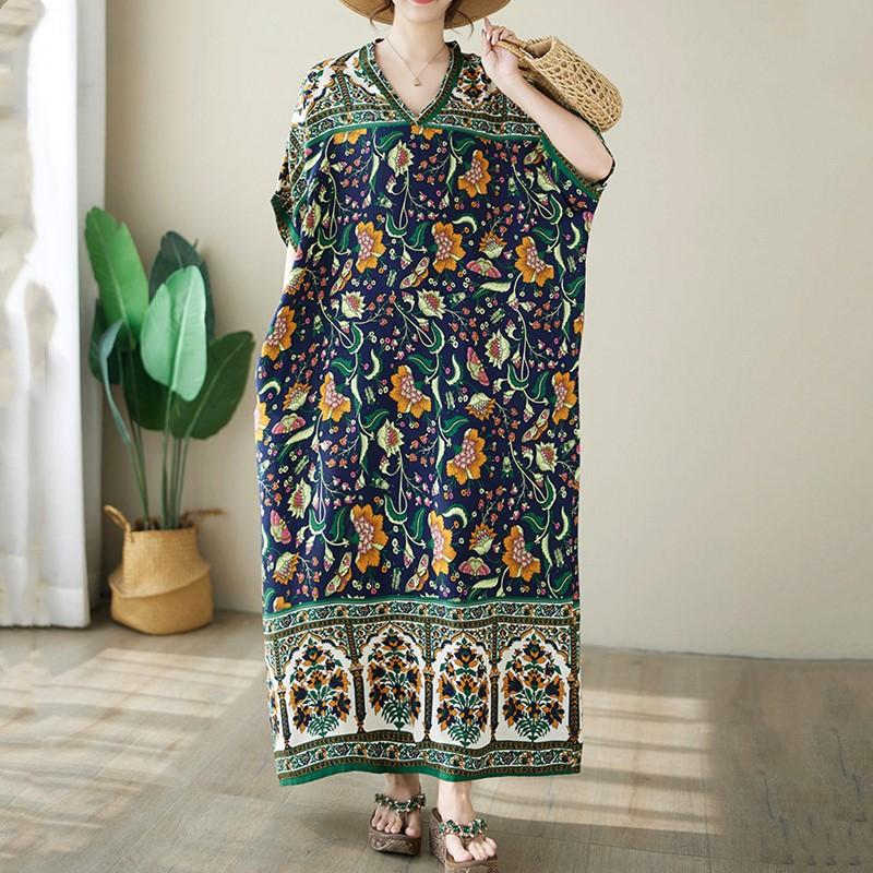 Short Sleeve Plus Size Cotton Satin Vintage Floral New In Dresses for Women Casual Loose Long Summer Dress