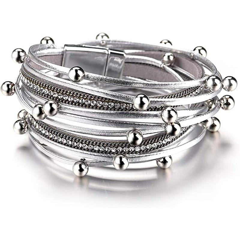 Кожаные браслеты для женщин, леопардовые многослойные хрустальные бусины в стиле бохо, браслет-манжета, ювелирные изделия