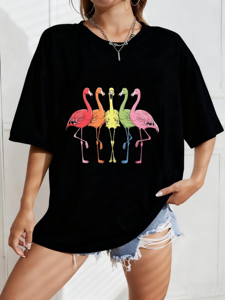Oversized T Shirt White Flamingo Print Summer Casual Wear