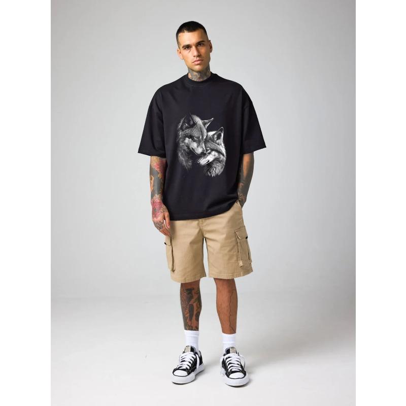 Мужская повседневная футболка оверсайз с графическим принтом пары черных волков, модный уличный стиль