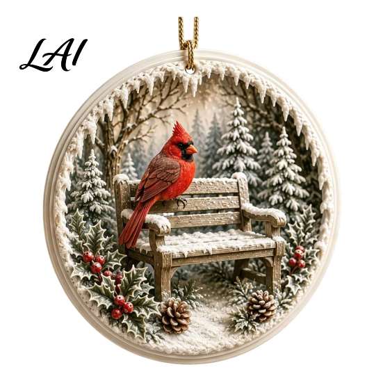 Snow Scene Xmas Decorations Acrylic Christmas Red Bird Ornament Pattern Tree Ornament Hanging Decor Retro Round Pendant for Winter Holiday