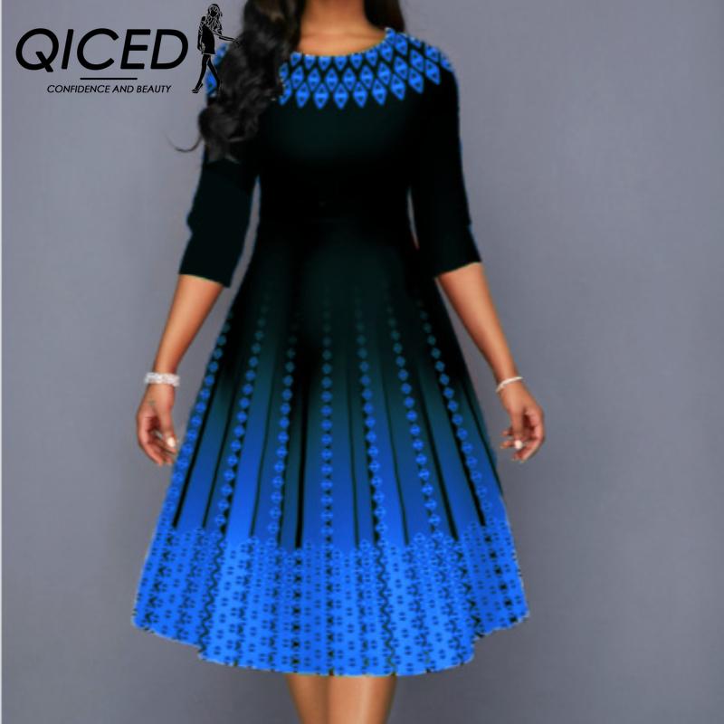 QICED Женская мода лето весна однотонный принт с рукавами 1/2 и круглым вырезом с высокой талией повседневные платья