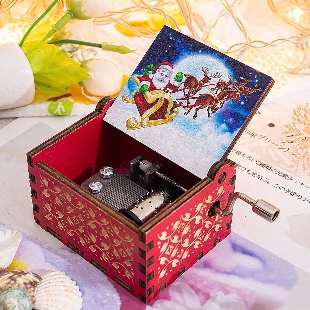 Fashion Red Hand-cranked Music Box Painted DIY Music Box Ornaments Exquisite Hand-cranked Santa Claus Wooden Box Friend