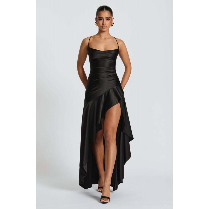 Sexy Backless Ruffle Slip Dress Irregular Hem Satin Evening Gown Slim Fit Women