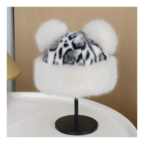 Winter Hat Retro Style Leopard Print Plush Trim Windproof Hat Bear Ear Decor Thickened Warm Women Hat