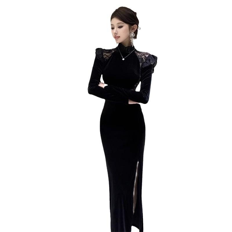 Женский темперамент элегантный кружевной сращивание платье с раздвоенным концом платье