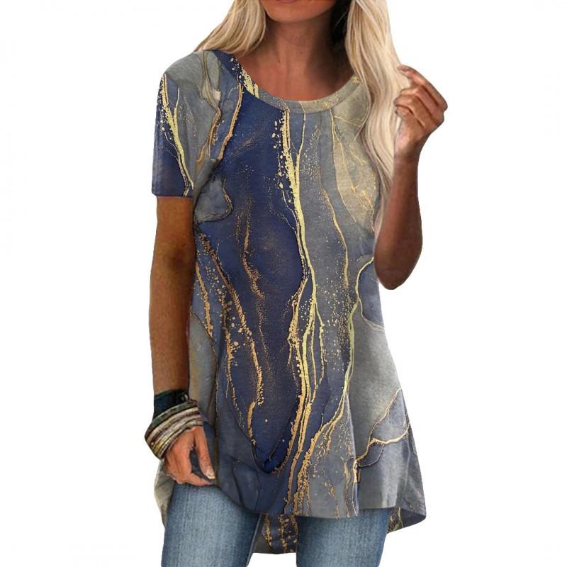 Womens Casual Short Sleeve T-Shirt With Starry Sky Digital Print Loose Fit Long Length Top 2025