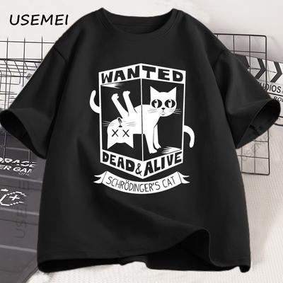 Смешные футболки с черным котом Хлопковая повседневная свободная футболка с принтом Круглый вырез Короткий рукав Футболка для любителей кошек Уличная одежда Харадзюку