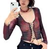 Short Sheer Dark Fairy [NAMEOF] Lace-up Top, Core, Grunge, Y2K, Women's, See-through, Red, Sexy, Cut-and-Sew