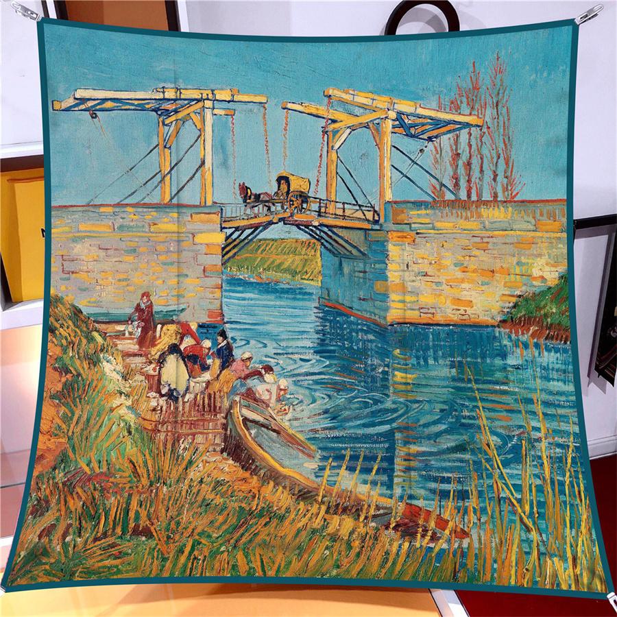 Silk Scarf Women Alle Bridge Print Square Scarves Head Echarpes Silk Foulards Femme Wraps Beach Shawls Bandana Lady Hijabs 90CM