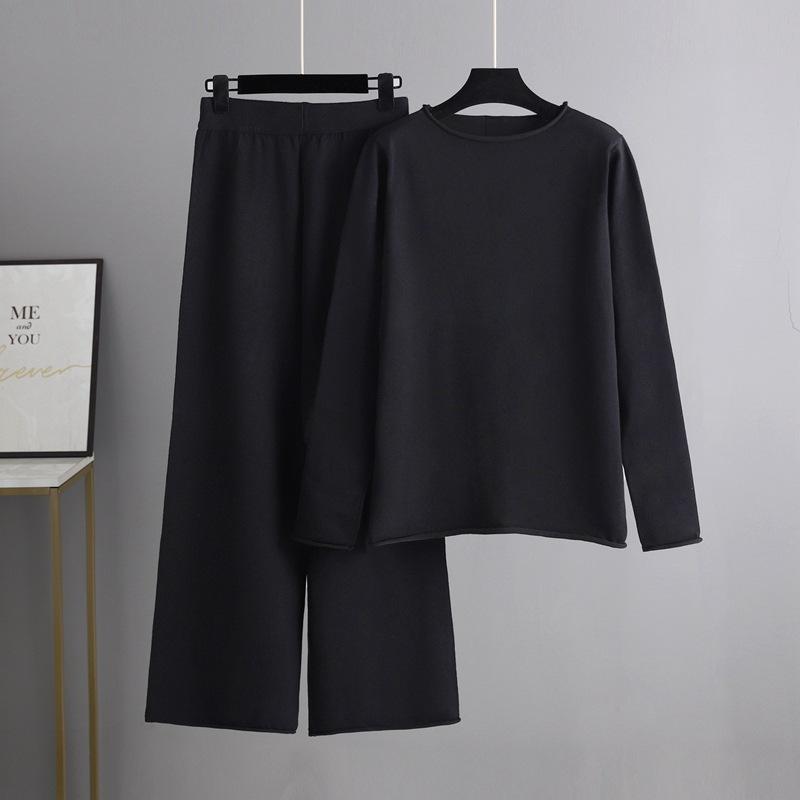 Осенне-зимний вязаный широкий брючный костюм женский однотонный комплект из двух предметов