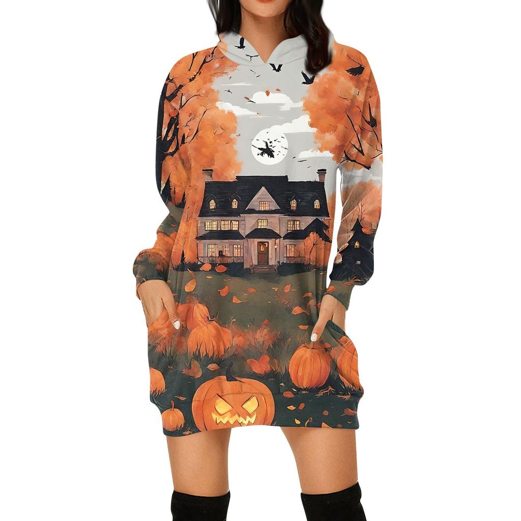 Women's Fashion Loose Casual Pocket Long Sleeve Hoodie Printed Sweatshirt Top