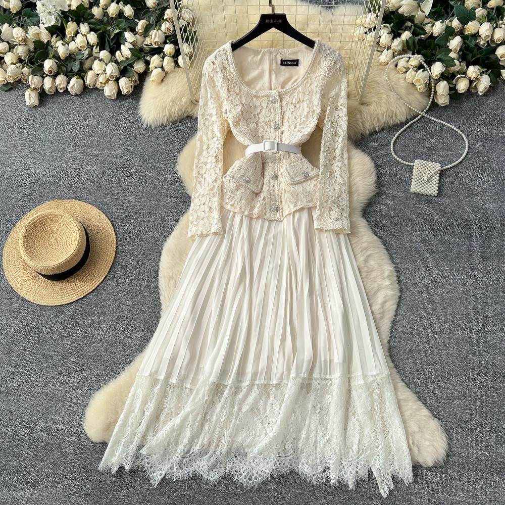 Платье высокого класса для женщин на осень, французская мода, кружевное, с длинными рукавами, пэчворк, с акцентом на талии, плиссированное длинное платье