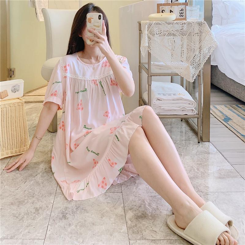 1011 new pajamas women's cotton and silk round neck loungewear thin fashion home artificial cotton and silk nightgown can be worn outside
