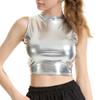 Women Crop Top Round Neck Sleeveless Glossy Solid Color Short Waist-exposed Slim Fit Pullover Club Party Performance Tank Top