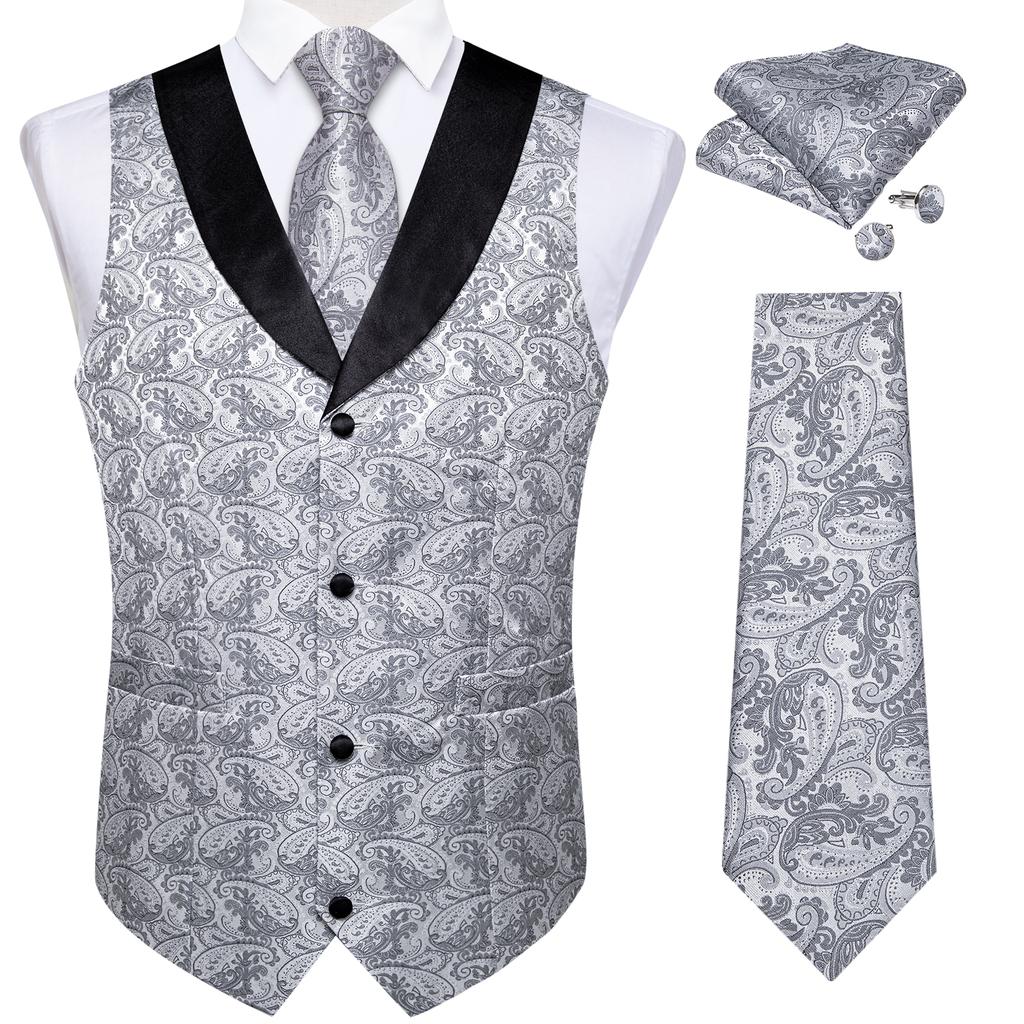 Mens Silk Slim Waistcoat Dark Purple Paisley Wedding Suit Vest Tie Cufflinks Set