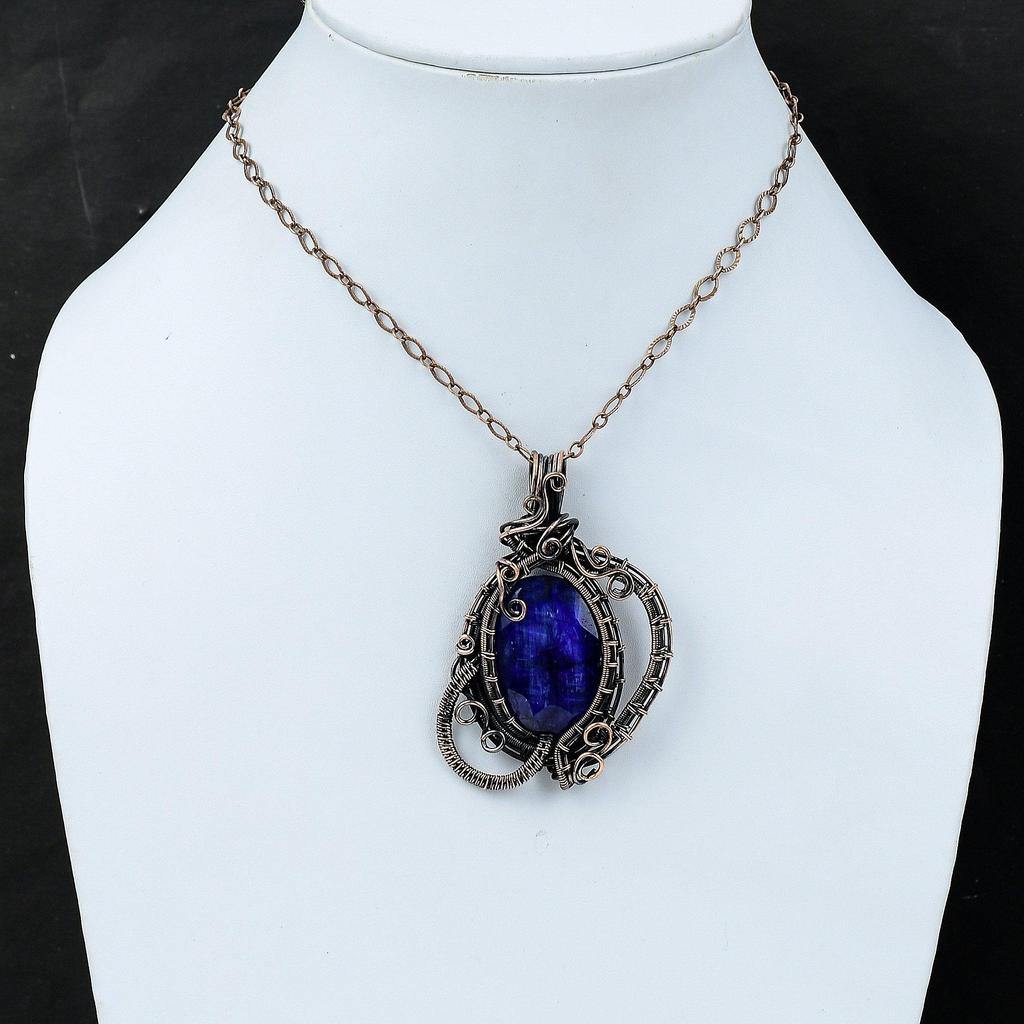 Подвеска с граненым синим сапфиром, медная проволока, обернутая драгоценным камнем, ручная работа, медная подвеска, женская подвеска, проволочная обертка, ювелирное изделие, подарок для мамы