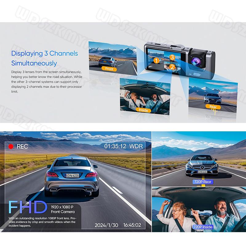 3 Channel Dash Cam for Car Camera 1080P Video Recorder Car DVR Front and Rear View Camera Night Vision G-Sensor Car Accessory