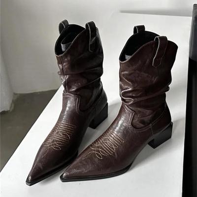 Роскошные заостренные носки массивные ботильоны женские модные вышитые мягкие кожаные плиссированные дизайнерские ботинки для женщин рыцарские сапоги