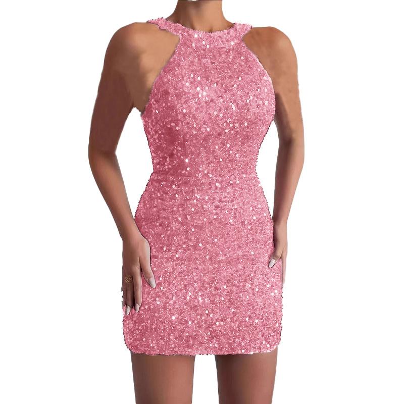 2025 New Fashion Neck Sexy Crystal Fringed Hip Sequined Dress Mid Waist Evening Dress