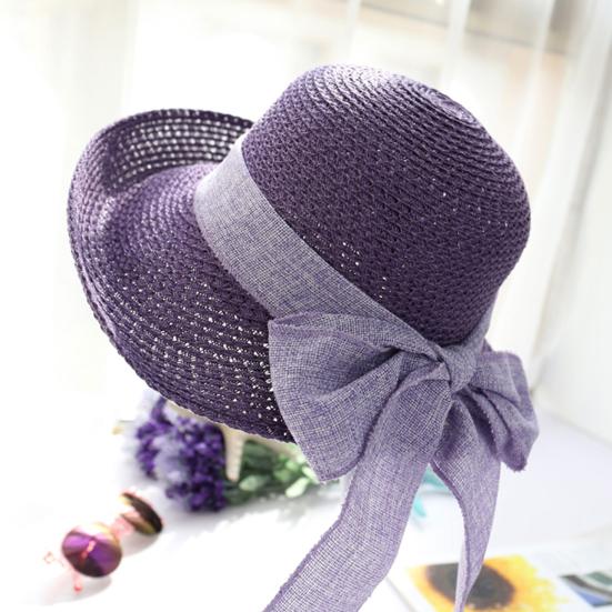 Ribbon Bowknot Decor Straw Hat Round Dome Solid Color Folding Women Big Brim Sunscreen Travel Hat Fashion Accessories