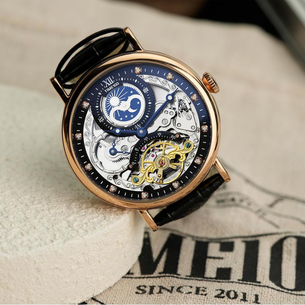 TIME100 роскошные автоматические часы скелетон механические из нержавеющей стали с ремешком из натуральной кожи водонепроницаемость 50 м мужские (Розовое золото)