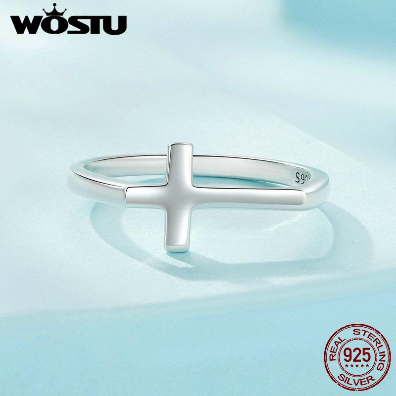 WOSTU 925 Sterling Silver Simple Cross Finger Ring for Women Daily Wear Guard Female Ring Jewelry Gift For Daugther Family