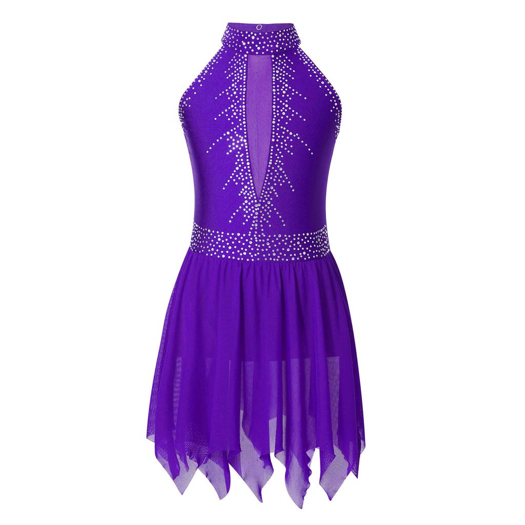 Girls Halter Rhinestones Kids Sleeveless Neck Skating Leotard Dress Lyrical Modern Dance Costume