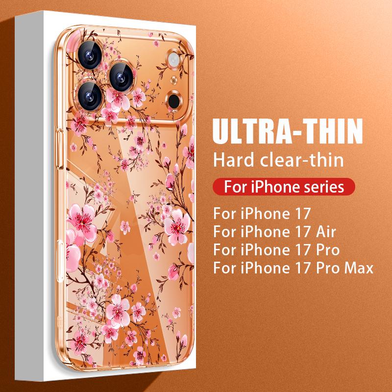 Чехол с узором Розовый Цветок Персика для iPhone 17 Pro Max Funda iPhone 16 15 14 13 Pro Max 11 Прозрачная Задняя Панель из ПК Тонкий Жесткий Чехол