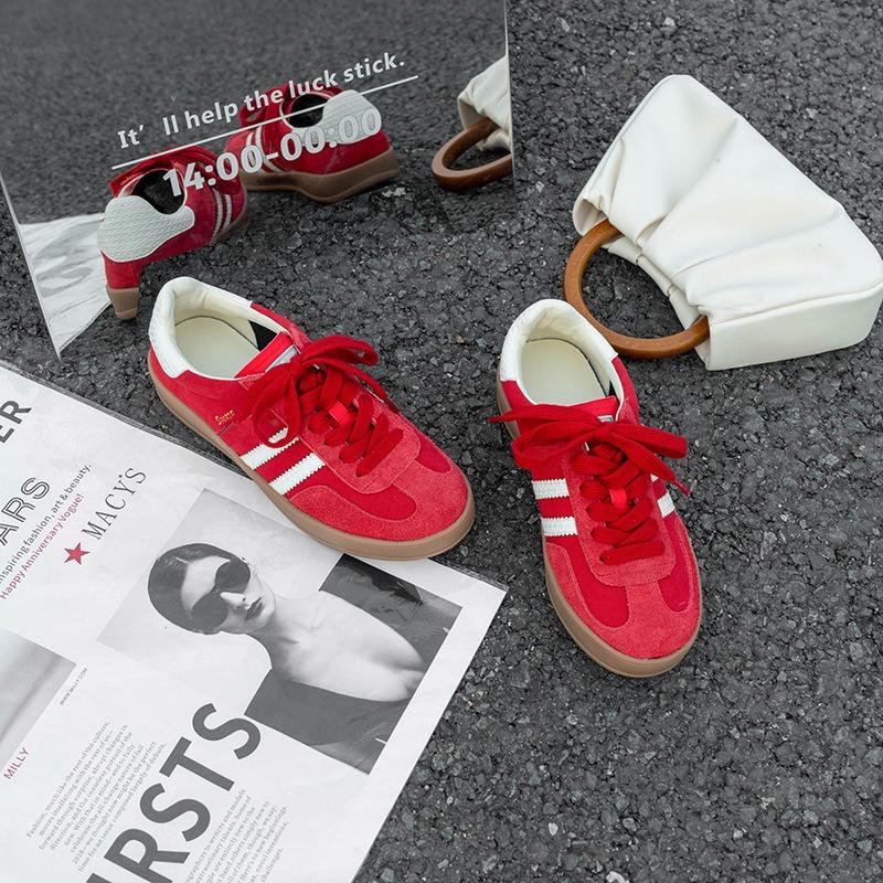 Cowhide Red Inner Height Increase Three Bars Women's Shoes Flat Bottom Versatile Shallow Mouth Comfortable Sports and Leisure