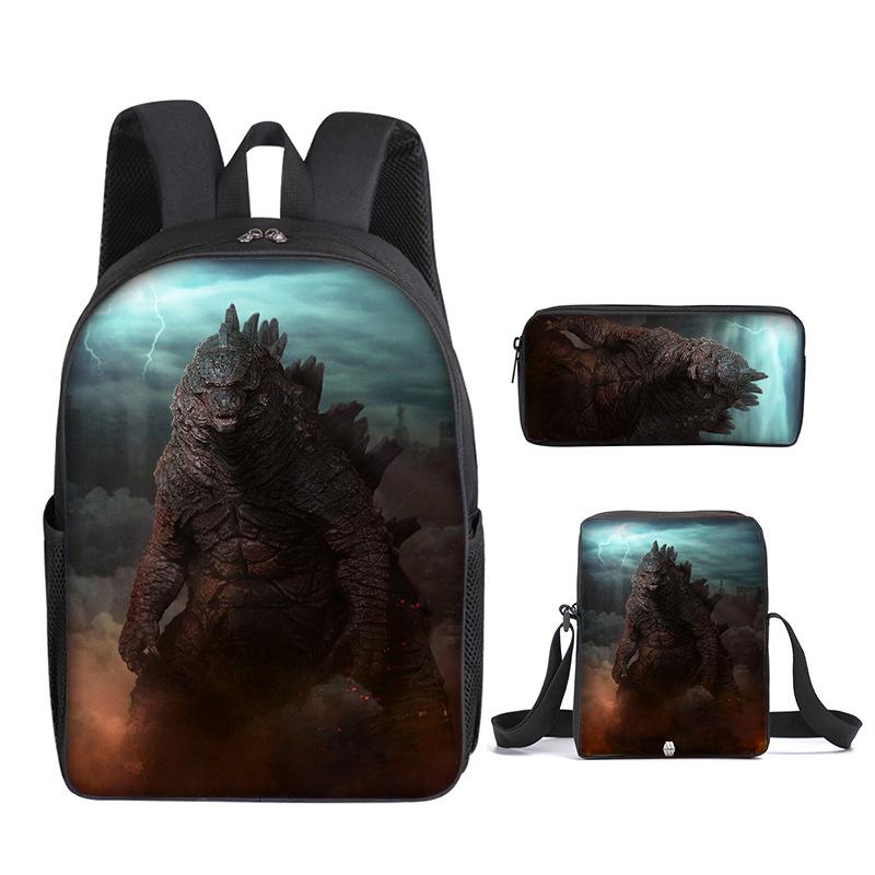 2021 Школьная сумка Godzilla Wars King Kong Набор из трех предметов Рюкзак с принтом для учеников начальной и средней школы Мультяшная школьная сумка