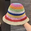 New rainbow straw hat women's summer travel sunscreen sunshade bucket hat straw striped face cover basin hat beach hat