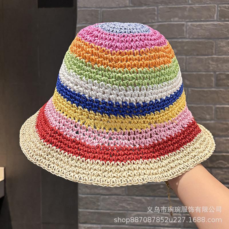 New rainbow straw hat women's summer travel sunscreen sunshade bucket hat straw striped face cover basin hat beach hat