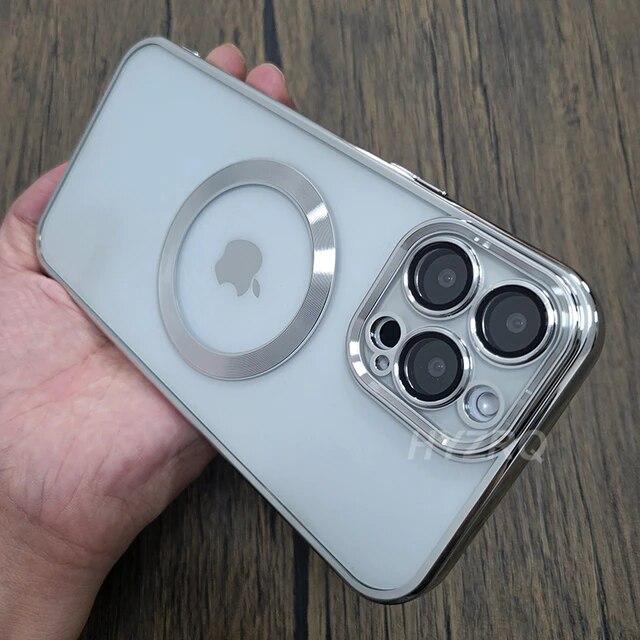 Прозрачный магнитный чехол Magsafe для Iphone 14 13 12 11 15 Pro Max Plus 14pro, мягкий силиконовый золотой чехол с объективом для камеры