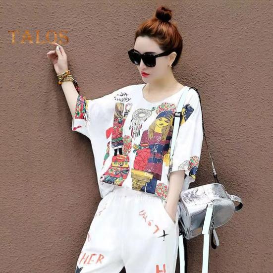 Женская футболка, комплект из 2 шт./компл., комплект брюк в стиле хип-хоп с принтом и V-образным вырезом, топ с короткими рукавами, укороченные брюки с ремешками на щиколотке, уличная одежда, дорожная повседневная одежда