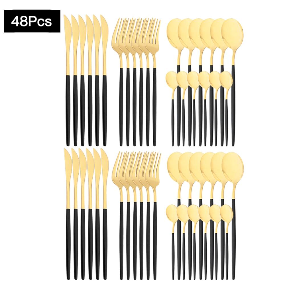 48Pcs Gold Mirror Polishing Cutlery Set Stainless Steel Dinnerware Tableware Knife Fork Spoon Coffee Spoon Flatware Home Party